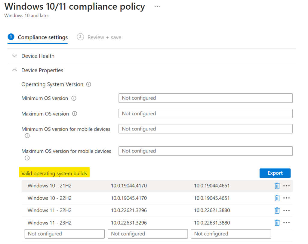 Valid operating system builds in a compliance policy