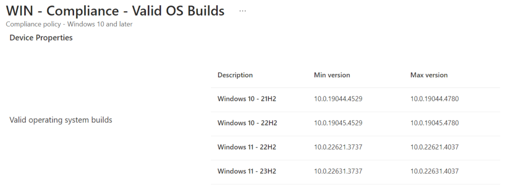 Valid operating system builds in a compliance policy
