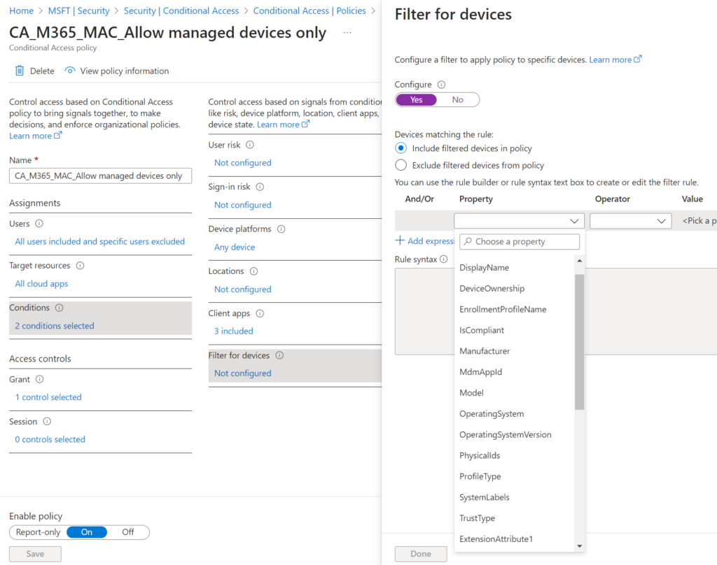 Possible filters in a conditional access policy