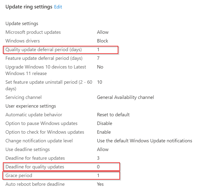 Update Ring settings for test ring