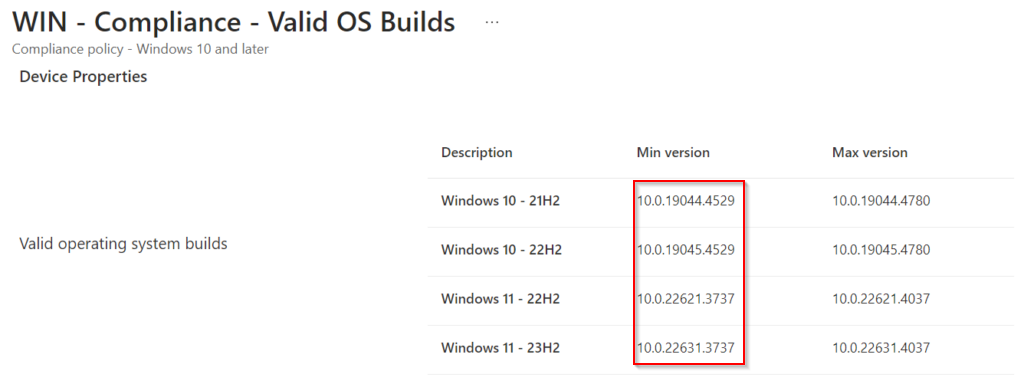 Valid operating system builds in a compliance policy
